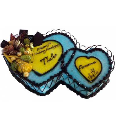 "Blue and yellow glaze double Heart shape cake - 5kgs - Click here to View more details about this Product